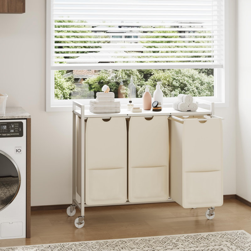 Trieur de linge avec roulettes et sacs amovibles, chariot de rangement roulant à 3 bacs avec tablette pour dortoir de salle de bain, panier à linge de 33 po