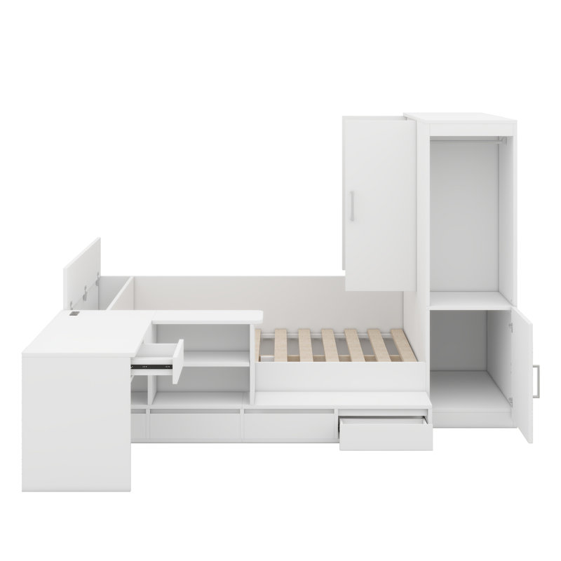 Lit plateforme double en bois avec 6 tiroirs, étagères, bureau et garde-robe, Blanc
