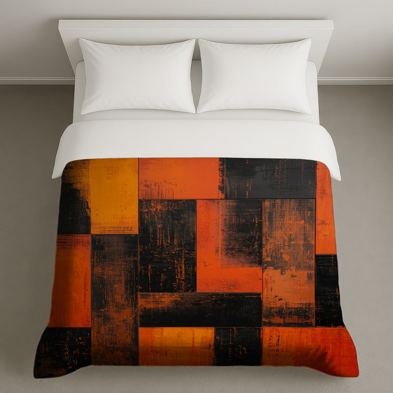 Orange Black Blocks Duvet Covers, Queen