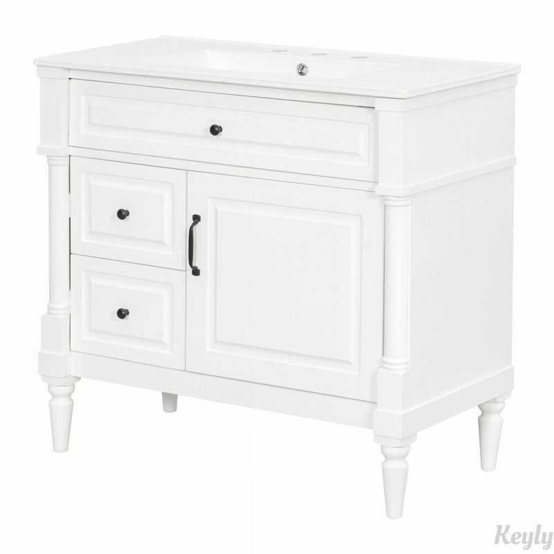 Meuble-lavabo autoportant de 36 pouces avec lavabo en céramique, tiroir rabattable, tablette réglable et structure en bois d'hévéa durable au fini noir