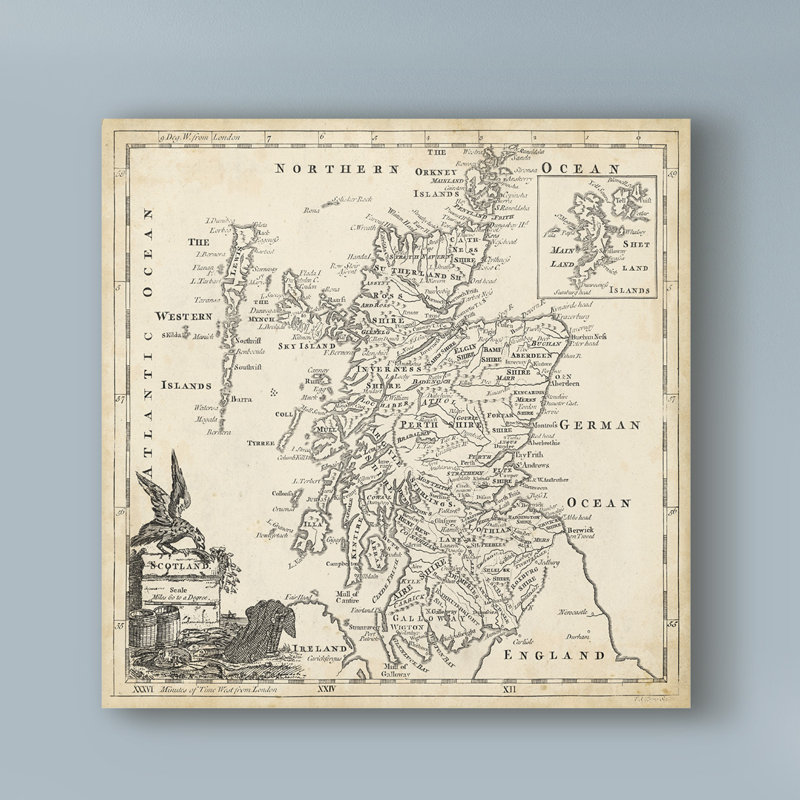 «Map of Écosse», reproduction d'art sur toile tendue, H 14 po x l 14 po x P 2 po