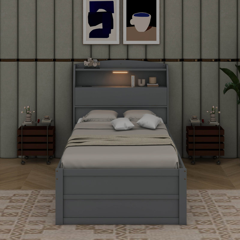 Lit plateforme en bois avec lit gigogne et tiroirs à DEL, Lit simple, Gris