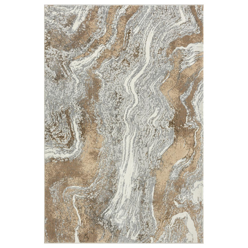 Tapis brun / beige à motif abstrait marbré, Rectangle 2 pi x 3 pi