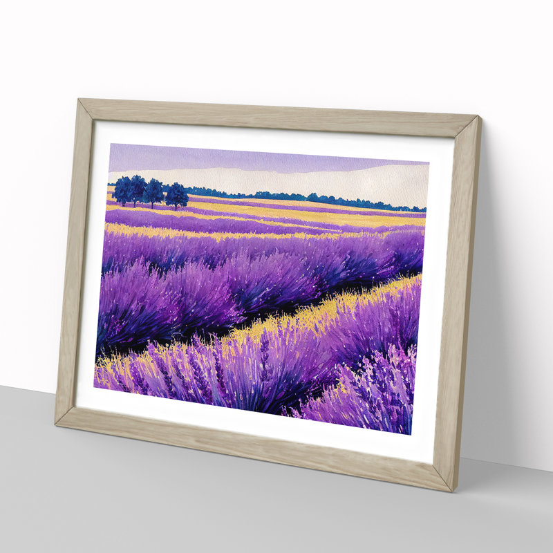 Watercolour Lavender Field Vol.3 - Single Picture Frame Print, 46cm H x 64cm W x 2cm D, Oak