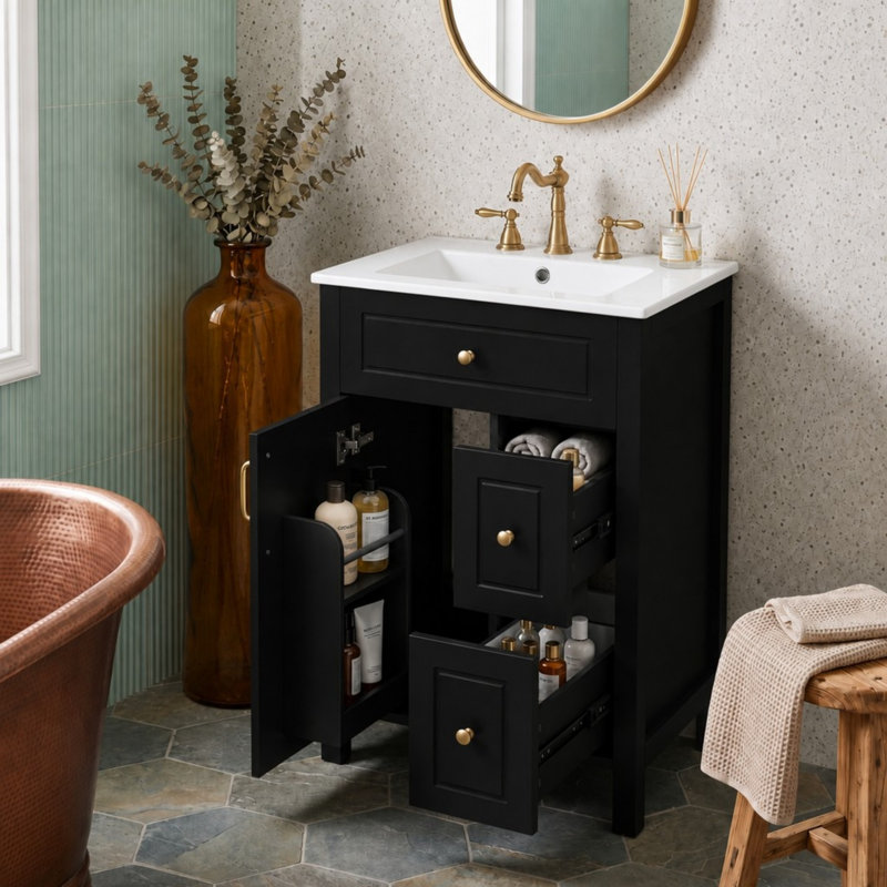 Ensemble de meuble-lavabo autoportant simple avec 2 tiroirs et deux supports de rangement sur la porte, Black