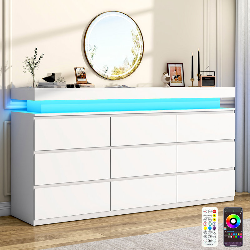 Commode de rangement moderne à 9 tiroirs avec éclairage à DEL, commode large pour l'organisation de la chambre à coucher, du salon et du vestibule