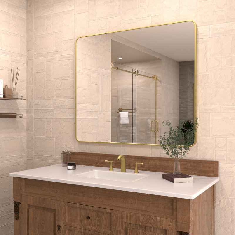 Cosy 42 in. W x 36 in. H Rectangular Modern Framed Wall Bathroom Vanity Mirror in Brushed Gold, Gold, 36" x 42"
