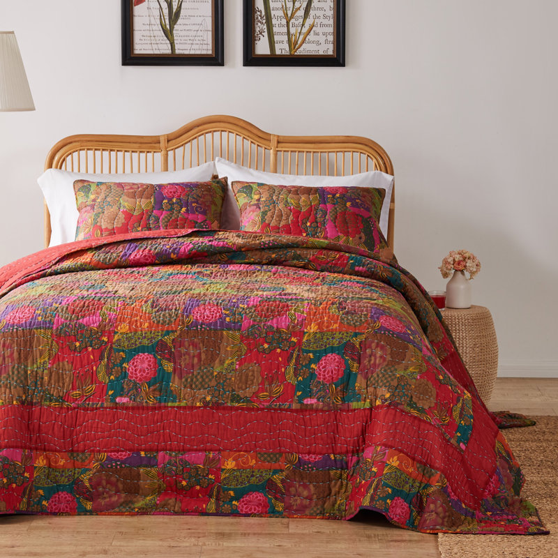 King Multicolor Cotton Reversible Floral Quilt Set