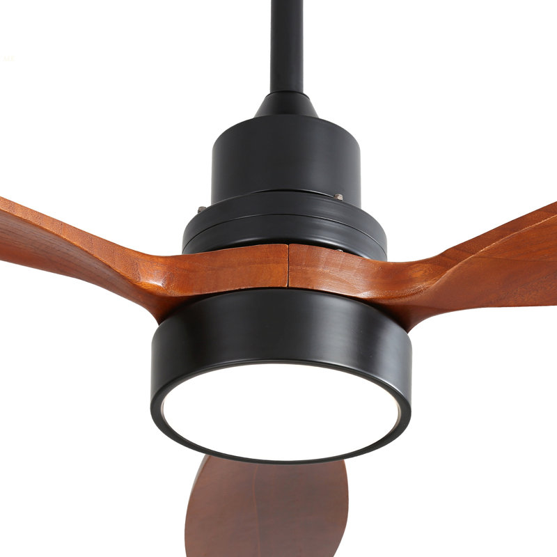 52 Inch Wooden Ceiling Fan With 3 Solid Wood Blades Remote Control Reversible DC Motor With Led Light, Walnut, Matte Black