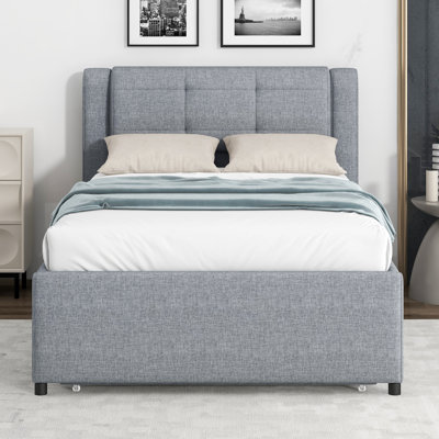 Twin Size Upholstered Platform Bed with Trundle, Trundle Can Be Flat or Raised, Space-Saving Design, Gray