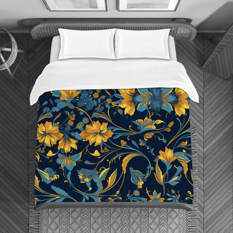 Polyester Machine Printed Duvet Cover, Queen Duvet Cover, Blue/Gold