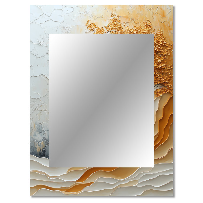 Wjhite And Gold Minimalist Basswood I - Amercian Basswood Mirror, Traditional Decorative Wall Mirror, Printed Metal Art
