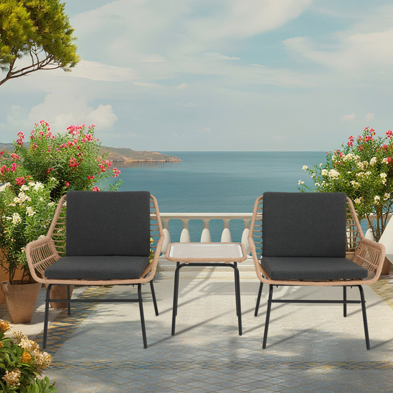 The Patio Rattan Natural Conversation Sets With 2 Accent Chairs & Tempered Glass Side Table(3 PCS)