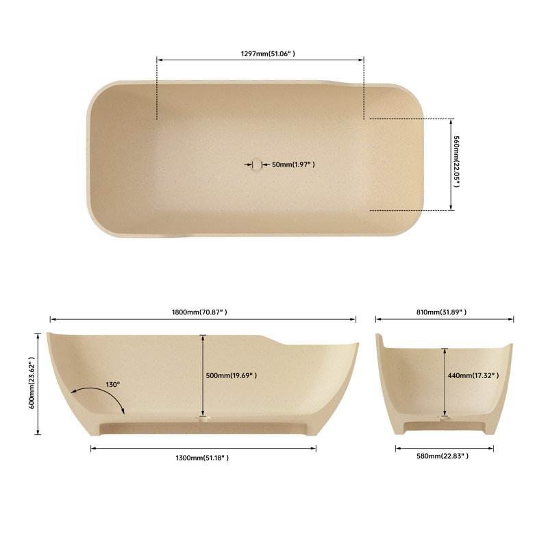 71'' X 31.5'' Freestanding Soaking Terrazzo Bathtub, Beige
