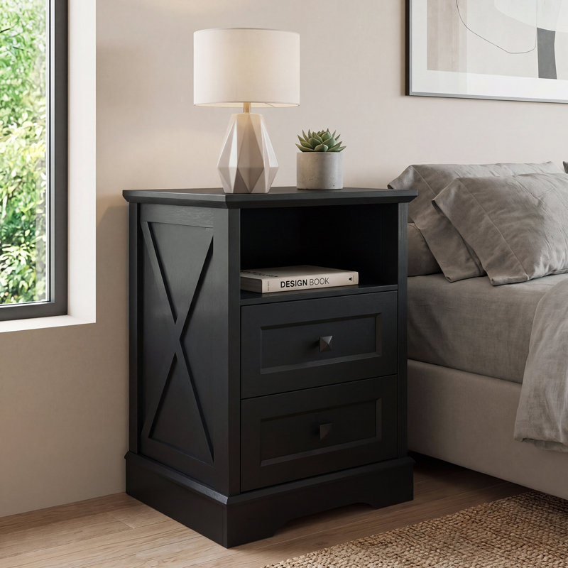 2 Drawer Nightstand with Charging Station, Small Dresser for Bedroom, Farmhouse Wood Bedside Table with USB Ports & Soft-Close Drawers