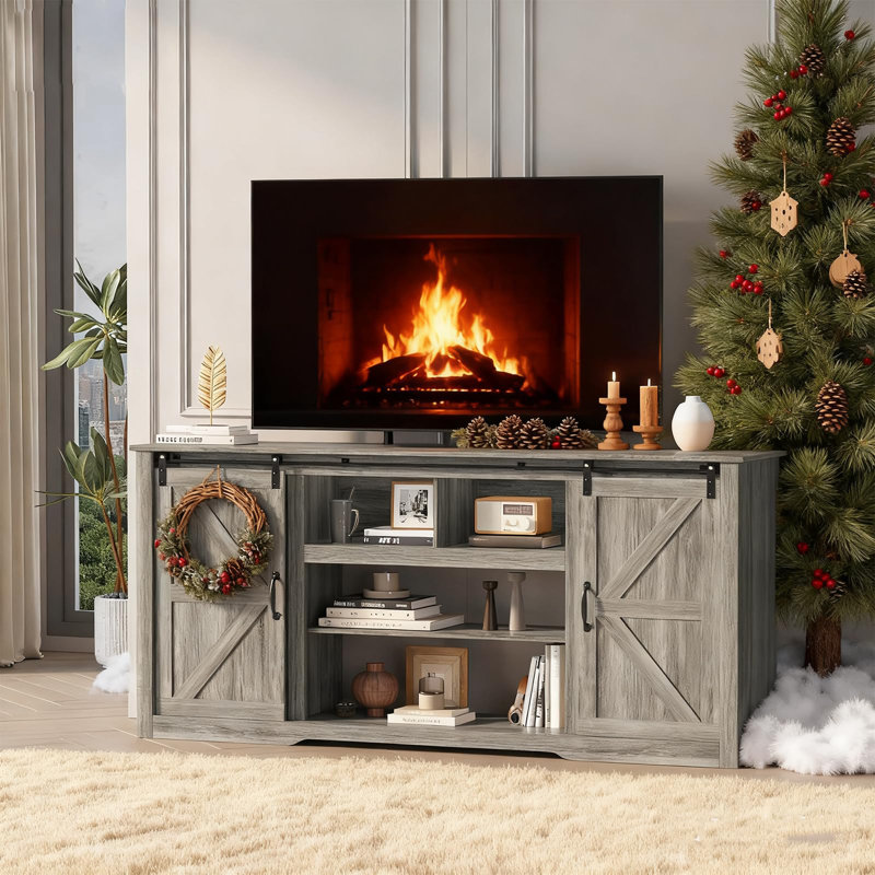 70" Farmhouse TV Stand for 80" TVs, Entertainment Center with Sliding Barn Door, Adjustable Shelves & Charging Ports
