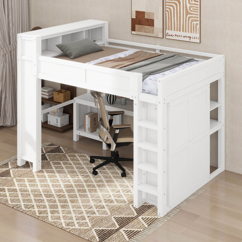 Grand lit mezzanine avec garde-robe et bureau, Blanc