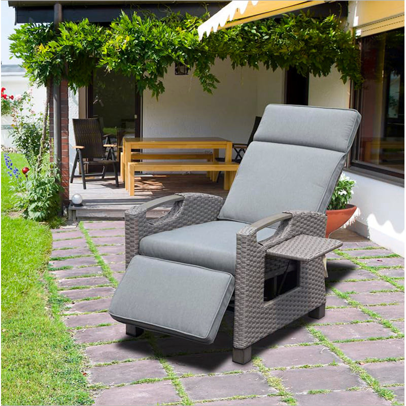 Outdoor Recliner Chair, Patio Recliner With Hand-Woven Wicker, Flip Table Push Back, Adjustable Angle, Thickness Cushions, Reclining Lounge Chair For Indoor And Outdoor
