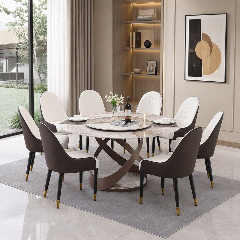 Table de salle à manger moderne en pierre frittée avec plateau tournant rond de 31,5 pouces et pied en métal élégant