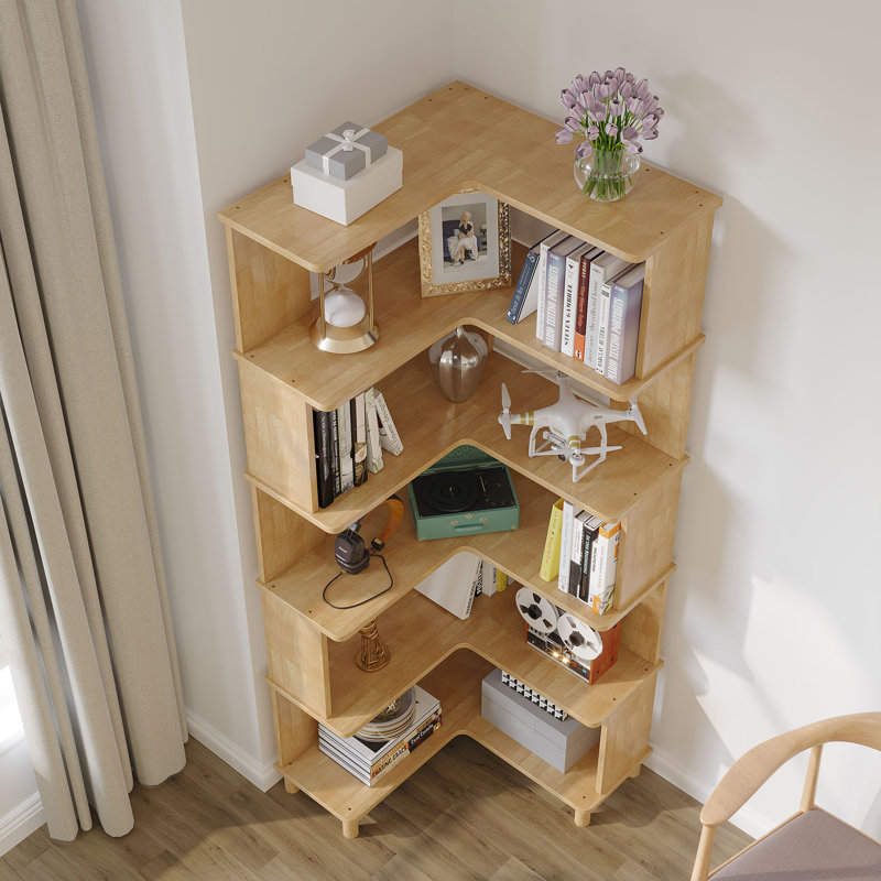 Cuadra Solid Wood Corner Bookshelf Storage Display Shelf Corner Bookcase, Natural