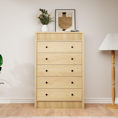 Grande commode à 5 tiroirs en chêne naturel, armoire de rangement en bois de 31,5 pouces de large pour la chambre à coucher, le couloir ou le salon