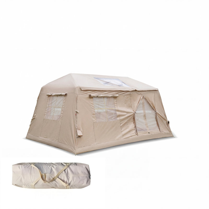 Tente de camping gonflable 4 saisons Oxford 9 pi x 13 pi beige avec pompe à main (4 à 8 personnes)