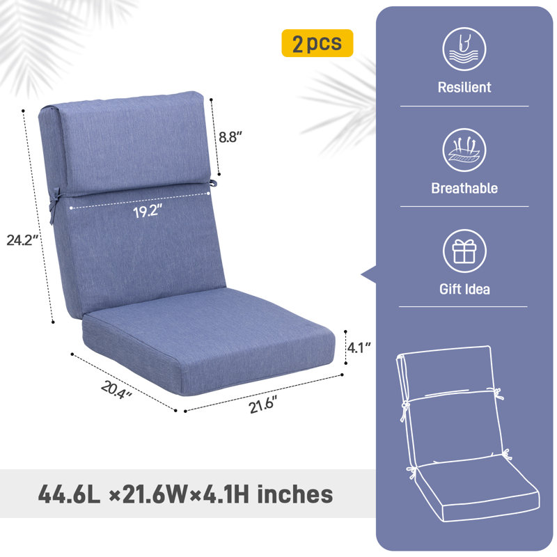 Coussin de siège / dossier d'extérieur 4,1 po, ensemble de 2, Bleu Chambray