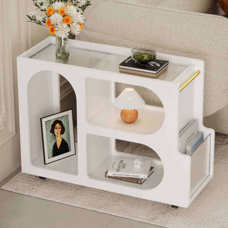 Table de bout avec roulettes verrouillables, table basse étroite avec verre trempé cannelé de 5 mm d'épaisseur, Blanc