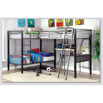 Lit superposé simple en forme de L moderne de style contemporain avec conception de coin et poste de travail entièrement en métal gris argent et finition argent noir