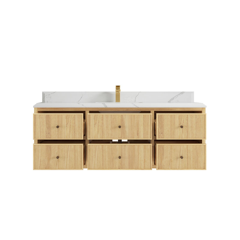 Sonoma Floating Teak 60'' Single Bathroom Vanity with Quartz Top, Calacatta Laza