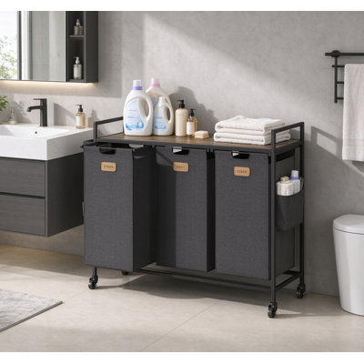 Panier à linge à 3 sections, chariot à linge à roulettes avec roulettes, tablette supérieure et 3 sacs amovibles amovibles, grand panier à linge sale de 39,6 gallons (150L) pour salle de lavage, salle de bain, dortoir