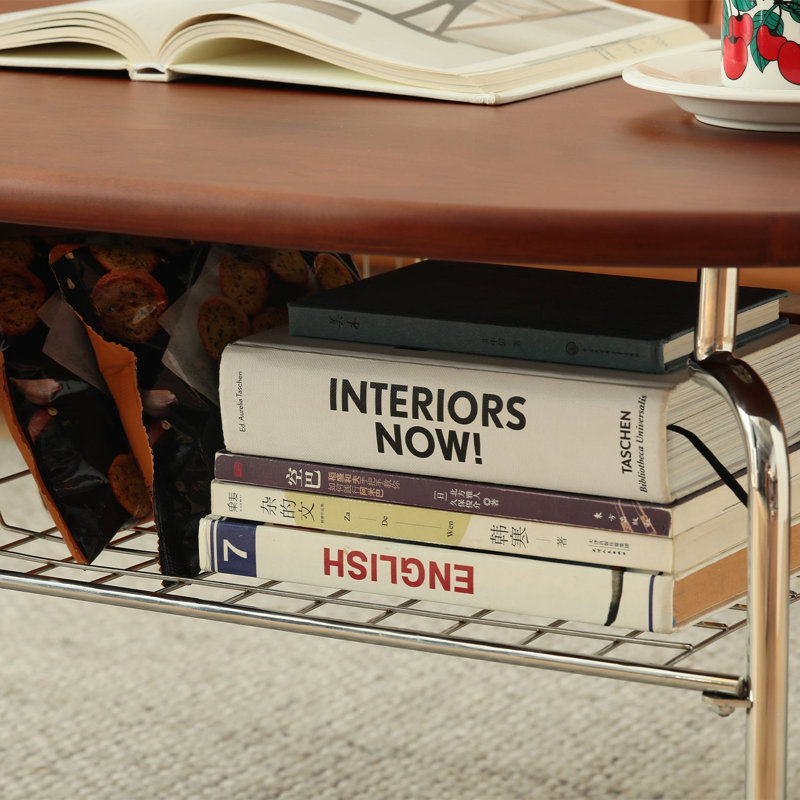 Table basse ovale vintage en bois massif avec tablette et tiroir
