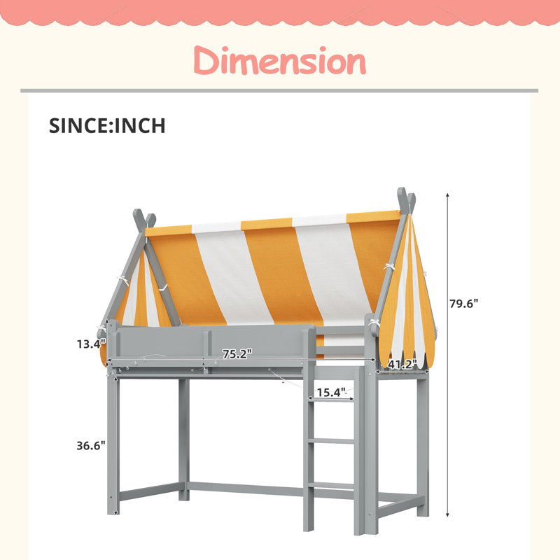 Lit mezzanine avec auvent, lumières DEL et étagère à livres, Lit simple, Gris