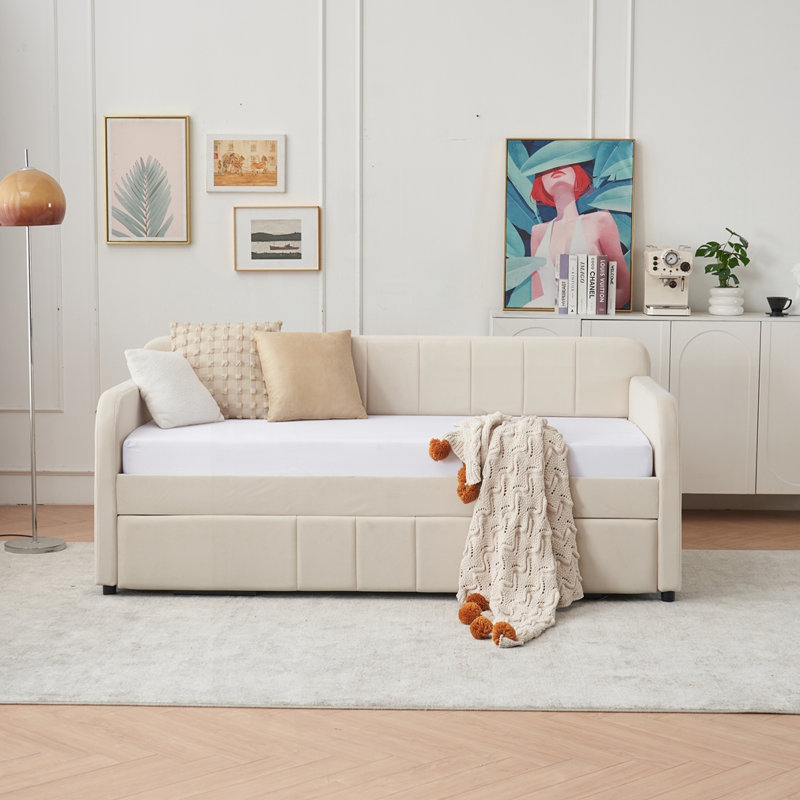 Twin Upholstered Daybed Frame with Trundle, Beige