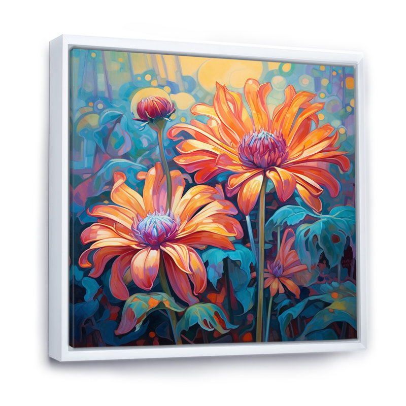 " Blossoming Orange Chrysanthemums Retro ", 36" H x 36" W x 1.5" D, White Floater Framed