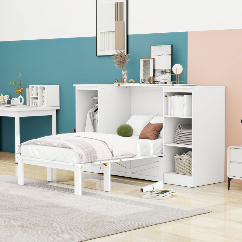 Lit escamotable simple avec garde-robe intégrée et tablettes de rangement