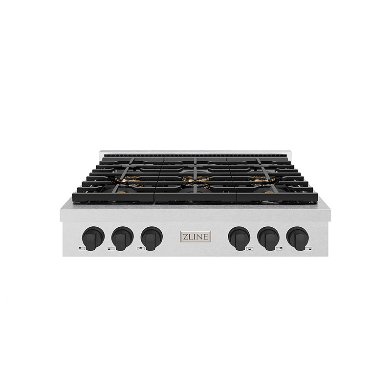 ZLINE Autograph 36 in. Satin Steel Paramount Rangetop with 6 DuoPro Burners and Bronze Accents, Matte Black