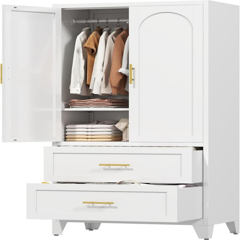 Armoire-penderie en acier 71 po avec 2 tringles de suspension, 2 tablettes réglables pour garde-robe et 2 tiroirs pour la chambre à coucher, entrée, blanc