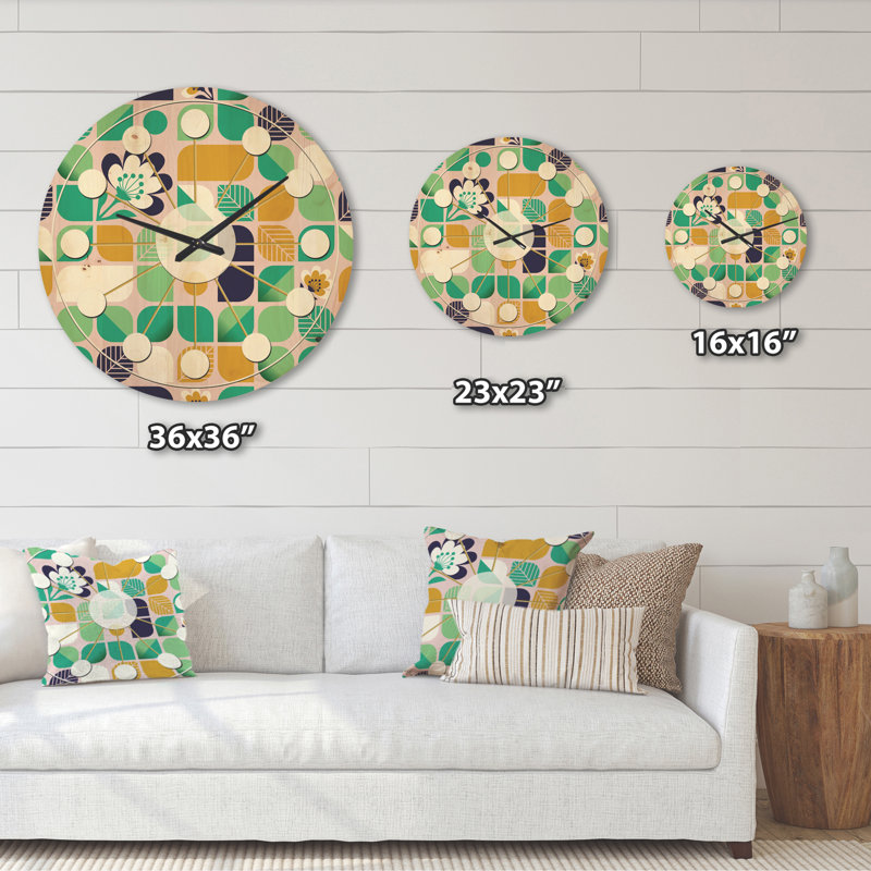 Horloge murale en bois à motif géométrique avec feuilles et fleurs, Grand