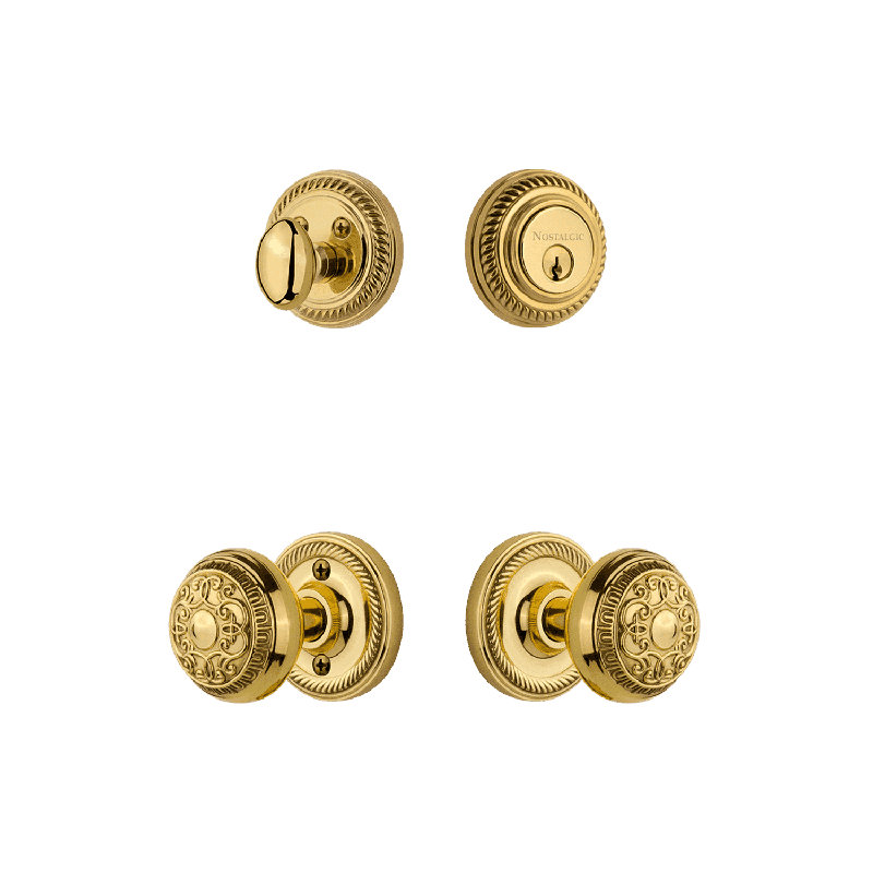 Nostalgic Warehouse Rope Rosette Entry Set with Egg & Dart Knob, Unlacquered Brass, 2.75