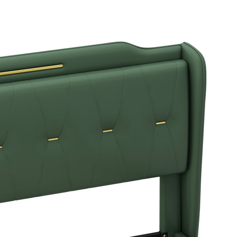 Très grand lit en cuir d'unité centrale, tête de lit à oreilles et décoration dorée, sans sommier, espace sous le lit de 4 pouces pour le nettoyage des lattes pleines de la plateforme de lit, renfort en métal, style attrayant de luxe