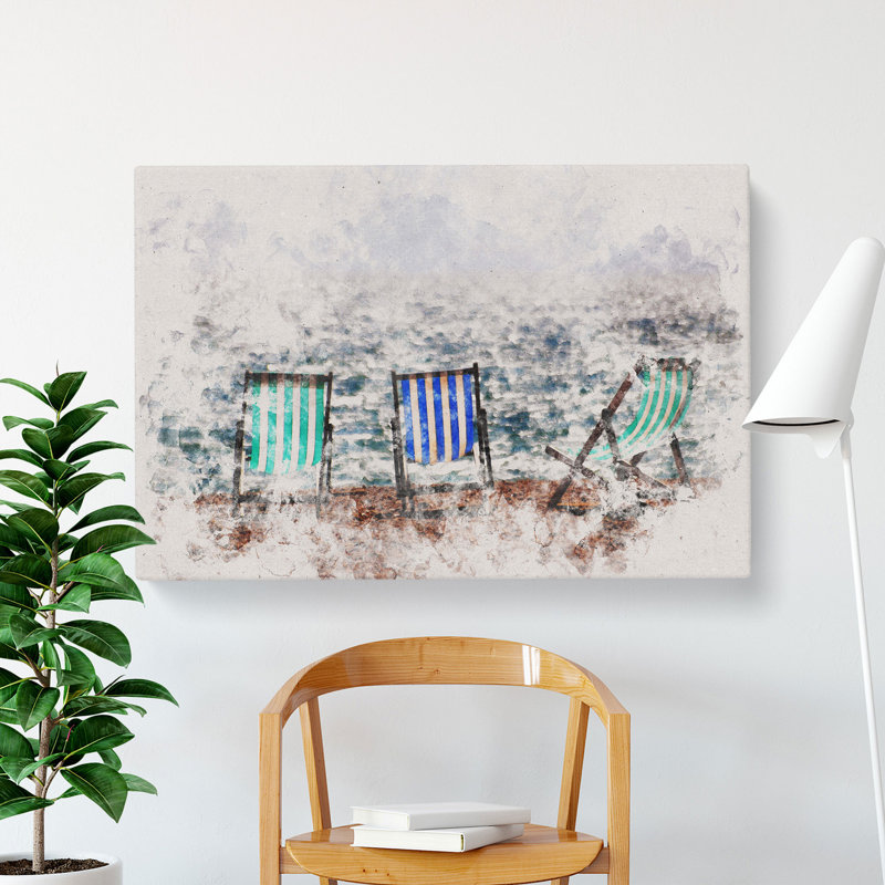 Deckchairs On Brighton Beach Watercolour - Wrapped Canvas Print, 35cm H x 50cm W x 3cm D