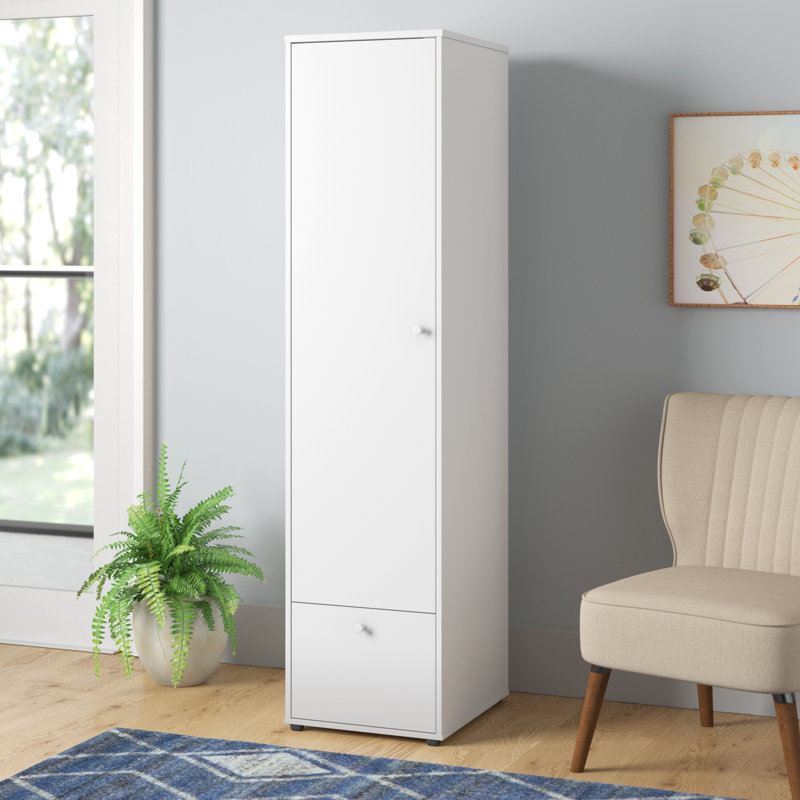 White Wooden Wardrobe with Four Interior Shelves and Lower Storage Drawer