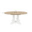 Table de salle à manger en MDF blanc avec dessus en placage de chêne et piètement à tréteaux, extensible de 109 à 150 cm pour accueillir jusqu'à six personnes