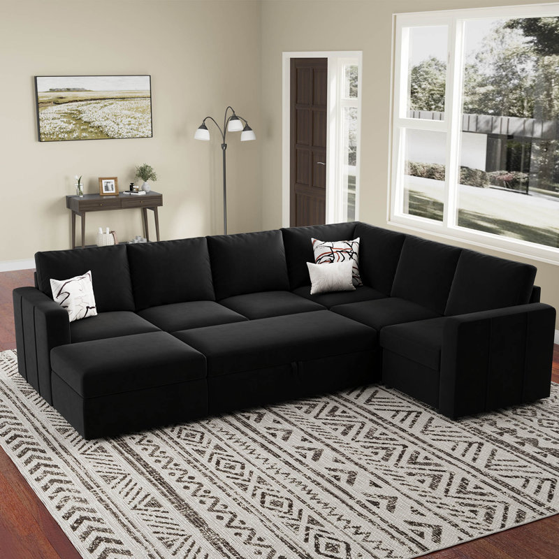 Canapé-lit modulaire coulissant avec repose-pieds Seybert, Velours noir