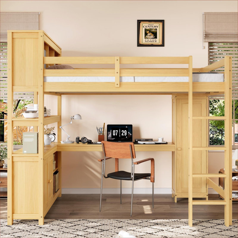 Lit plateforme mezzanine en pin naturel et panneau de fibres à densité moyenne avec rangement intégré, bureau et garde-robe pour chambre d'enfant