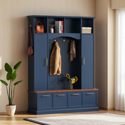 Élégant portemanteau 4-en-1 de 59 po de largeur avec crochets et poignées dorés, banc d'entrée pratique en noyer avec tablettes réglables, porte-manteau de style campagnard en bois de style maison de campagne de 76,7 po de hauteur et salon à chaussures, salon