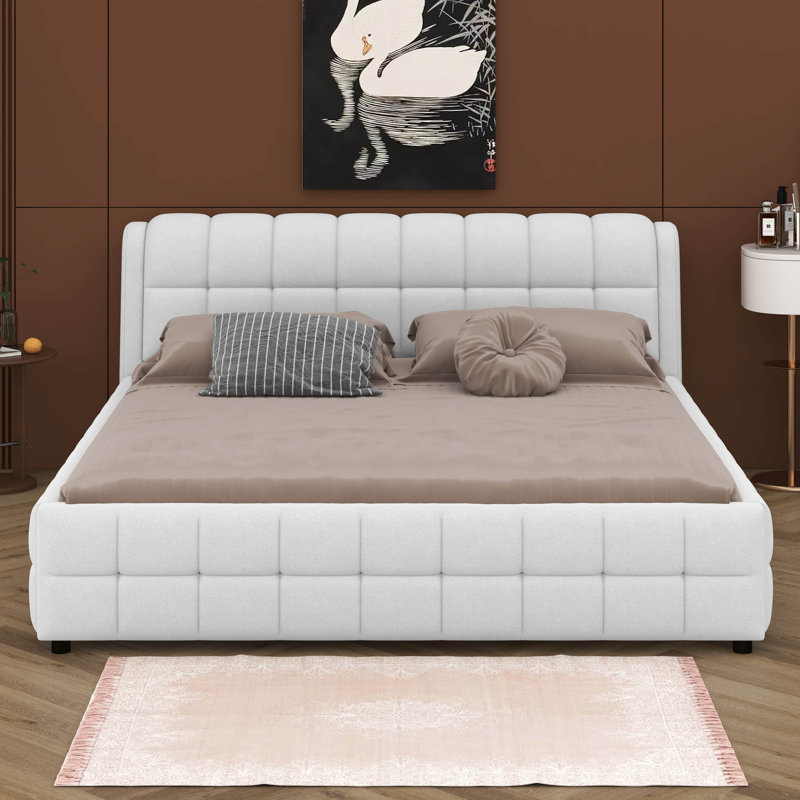 Très grand lit plateforme tapissier, support à lattes en bois, aucun sommier requis, assemblage facile, Blanc