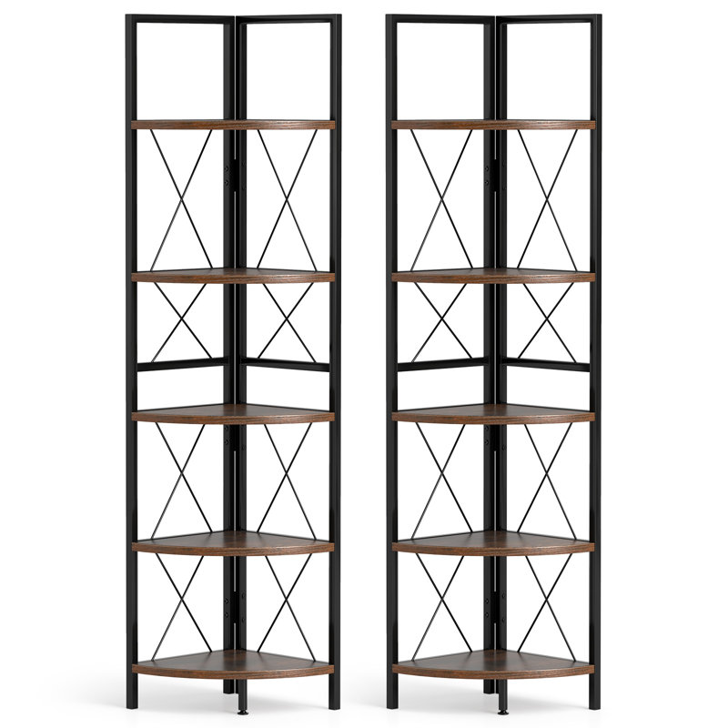 2 étagères d'angle à 5 niveaux avec bibliothèque en métal robuste, Brun / Noir
