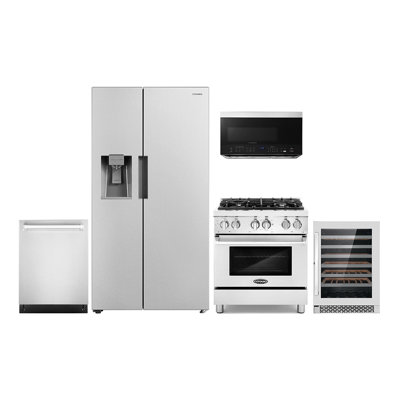 Cosmo 5 Piece Kitchen Appliance Package with Side By Side Refrigerator 35.5'' Dual Fuel Freestanding Dual Fuel Built-In Island Range Hood